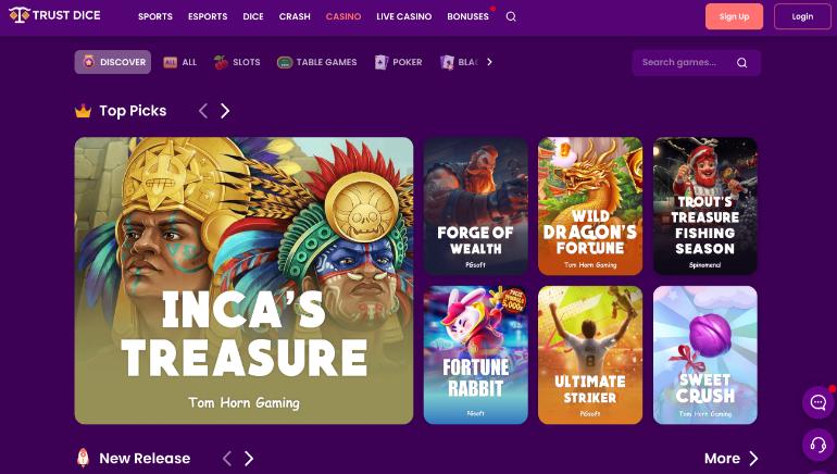 Screenshot početne stranice TrustDice Casino